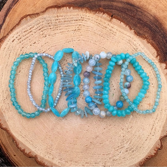 Natural Blue Aquamarine, Azure Amazonite & Agate Gemstone Beads Bracelet Stack - Picture 12 of 12